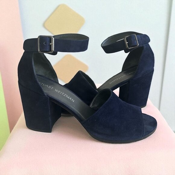 STUART WEITZMAN Navy Blue Suede Ankle Strap Block Heels Size 10 - Picture 1 of 9